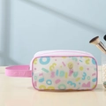 Rosa transparente PVC-Kulturtasche mit bunten Punkten und elegantem Tragegriff für Reisen - Violette Buchstaben (Klein)