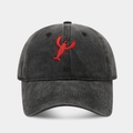 Detailed view of red lobster embroidery on vintage washed grey baseball cap cotton texture - Adjustable / Black