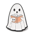 Cute white ghost enamel pin reading a peach book with skull detail on white background - Reading Ghost