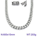 Men's silver hip-hop cuban chain necklace with rhinestone buckle, 600x15mm titanium steel - Silver Cuban Link Necklace Rhinestone Clasp 600x15mm(KN93827-Z)