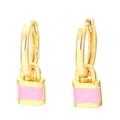 Elegant gold hoop earrings with sweet pink enamel lock pendants on white background - Pink