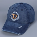 Close-up of distressed denim baseball cap with orange D embroidery and frayed edges - M(56-58cm) / Dark Blue