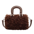 Brown fluffy faux shearling square handbag with dark brown leather handles and silver hardware - Coffee