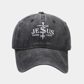 Detalle del logo Jesus Saved My Life en gorra de béisbol de algodón gris oscuro lavado - Ajustable / Negro