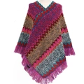 Ethnic style knitted poncho with colorful wave patterns and fringe tassels for vacation - Pullover Poncho / Rose Red