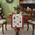Christmas table runner with snowman tree pattern and vibrant colorful tassels - White Geometric Snowflake + Red Tassel (Hand Wash Only)