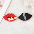 Macro detail of red lip acrylic charm with gold Mom lettering and metal ring attachment - Red Mom Lips