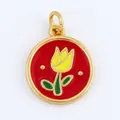 Copper tulip flower pendant in red enamel with gold finish for DIY jewelry making - Gold Round Red Tulip