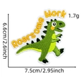 Cute green dinosaur embroidery patch with Roarsome Work text showing size and weight specs - Green Dinosaur (Roarsome Work)