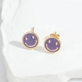 Minimalist purple enamel smiley face stud earrings with golden metallic border accents - Purple
