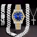 Luxury gold and silver two-tone watch set with iced-out Cuban link chain and cross necklace - Blue Dial Two Tone Gold Silver (Without Box)