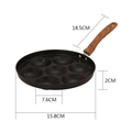 Black 7-hole non-stick egg frying pan with wood grain handle and size dimensions - Thickened Multi-Hole Egg Pan (7-Hole, Striped Handle)