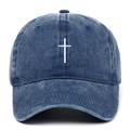 Berretto da baseball in denim blu lavato vintage con ricamo a croce bianca regolabile - Blu navy