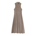 Elegantes ärmelloses Kleid mit Stehkragen aus champagnerfarbenem Metallic-Strick - S / Khaki