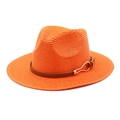 Close-up of orange straw panama hat featuring a brown leather band and golden buckle - M (56-58cm) / Orange