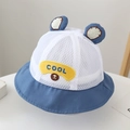 Detail of baby sun hat with breathable blue and white mesh, 3D ears and COOL embroidery - Kids' Universal Size / Cool Blue