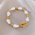 Baroque pearl bracelet with irregular gold beads and large magnetic clasp on silk fabric - Creamy White (Gold Lock Clasp)