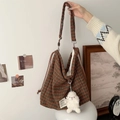 Vintage striped canvas bucket bag in orange and green with cute plush lamb charm - Little Sheep Charm / Red Green Small Check