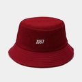 Detail of 1987 embroidery on deep red cotton fisherman bucket hat with clear fabric texture - M(56-58cm) / Burgundy