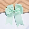 Detail of 6-inch mint green ribbed ribbon hair bow with fishtail streamers and soft shadow - Mint Green