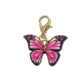 Detailed view of a pink enamel butterfly charm with a gold lobster clasp on white background - Rose Red