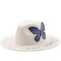 White straw fedora hat with blue butterfly print and BUTTERFLY text for beach vacations - White Blue Butterfly Letter Style(5)