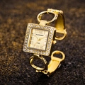 Elegant gold square watch with crystal-encrusted dial and open cuff chain strap - Gold