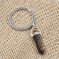 Tiger's eye crystal hexagonal pillar keychain with silver ring on natural linen background - Tiger Eye Stone Bracelet