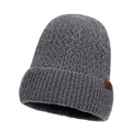 Deep grey knit beanie with warm lining and vintage brown faux leather snowflake label - One Size(Adjustable) / Dark Gray