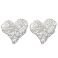Close-up of silver heart earrings with vintage crumpled foil texture in stainless steel - Steel Color Hammered Heart (4699)