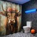 Waterproof fabric shower curtain with artistic Highland cow floral print for bathroom decor - Floral Crown Highland Cow/90*180CM