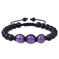 Adjustable 12mm black frosted beads bracelet with purple amethyst stones in center - Amethyst Bracelet