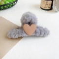 Gray plush shark hair claw clip with heart detail for thick hair styling - Blue Grey Heart Plush Hair Claw