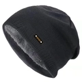 Winter knit beanie with thick fleece lining and Sport leather patch in black and gray - L(58-60cm) / Gray