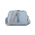 Light blue pebbled leather crossbody bag with geometric pattern woven wide shoulder strap - Blue