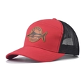 Close-up of fishing patch on red and black mesh trucker hat with reinforced brim - Red