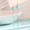 Elegant long drop tassel earrings with light blue rose and silver wavy metal chain - Blue Rose Ear Threader