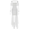Elegante abito corto bianco senza spalline con pieghe e strascico in velo asimmetrico - L / Bianco