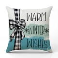 Winter linen pillow cover with snowman art and Warm Winter Wishes holiday print - Warm Winter Wishes Bow Snowflake