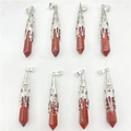Acht rote Jaspis-Hexagonal-Kristallanhänger mit silbernen Metallkappen im Vintage-Stil - Nur Anhänger (Ohne Kette) / Roter Jaspis