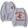 Grey Halloween sweatshirt with red cherries Social Club print, front and back view - Light Gray
