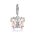Silver butterfly charm featuring iridescent crystal wings and clear zircon accents - Rainbow