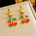 Sweet red cherry earrings in gold stainless steel with green enamel leaf details - Red Cherry Earrings (E6176)