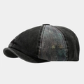 Dettaglio cappello newsboy in denim lavato con texture vintage e stampa tie-dye colorata - Stile Patchwork Denim Nero Consumato / Nero