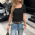 Elegant black short sleeve knit t-shirt for women in casual street style outfit - S / Black