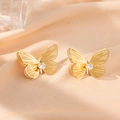 Golden butterfly earrings with brushed metal finish and clear zircon center stones - Dense Line Butterfly