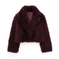 Close-up of fluffy burgundy faux fur coat showing soft plush texture and wide collar detail - XS / Burgundy