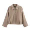 Front view of brown wool blend zip-up jacket with lapel collar and soft suede texture - S / Khaki