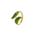 Detail of gold-plated leaf ring with green enamel finish and adjustable open band - Adjustable Open / Overlapping Green Leaves (J391-3)