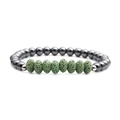 Detail of green volcanic lava stones and dark grey hematite beads on a stretch bracelet - Green Lava Stone Abacus Beads
